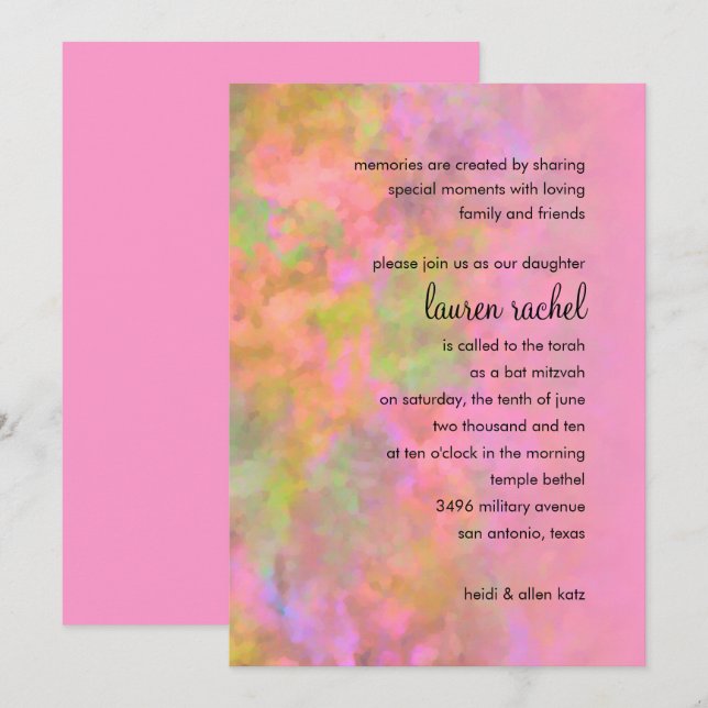Invitación Diseño abstracto de Bat Mitzvah en rosa (Anverso / Reverso)