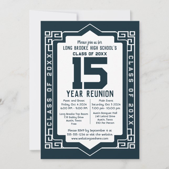 Invitación Diseño Art Deco de Reunión de 15 años de secundari (Anverso)