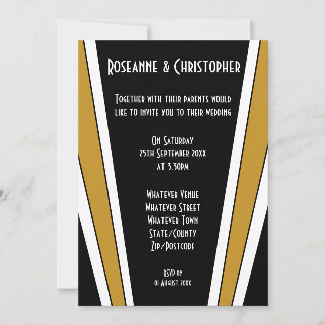 Invitación Diseño Art Deco Negro Y Boda De Oro (Anverso)