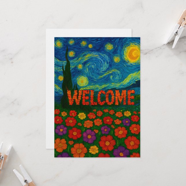 Invitación Diseño Artístico Floral de Noche Estrellada (Anverso/Reverso In Situ)