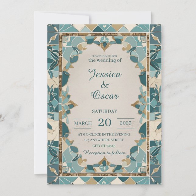 Invitación Diseño Boda mediterráneo - Mosaico Verde azulado y (Anverso)