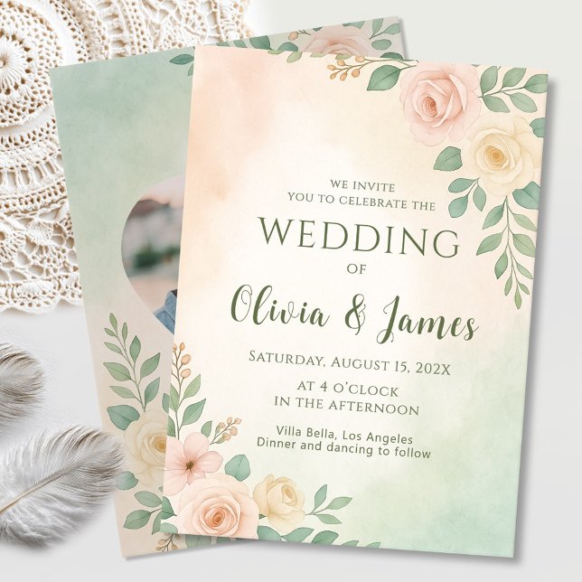 Invitación Diseño Boda verde moderno con foto y corazón (Subido por el creador)