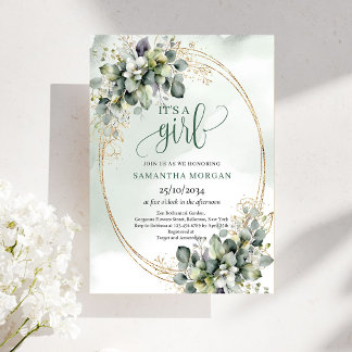 Invitación Diseño Boho Acuarela Verde Dorado Es Una Niña I