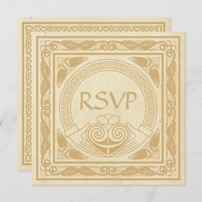 Invitación Diseño Celta con RSVP de Boda Claddagh (Anverso / Reverso)