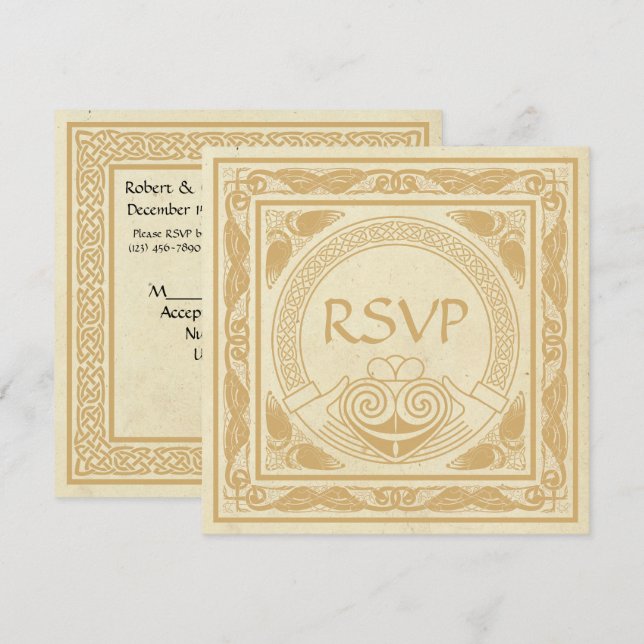 Invitación Diseño Celta con RSVP de Boda de Claddagh (Anverso / Reverso)