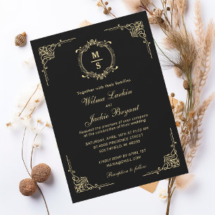 Invitación Diseño Clásico de Monograma Elegante Negro y Dorad