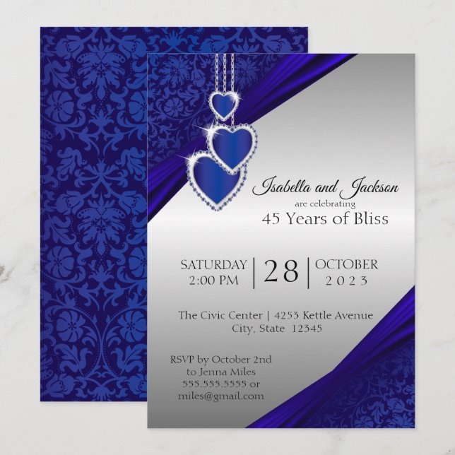 Invitación Diseño de 45/65 años de plata zafiro (Anverso / Reverso)