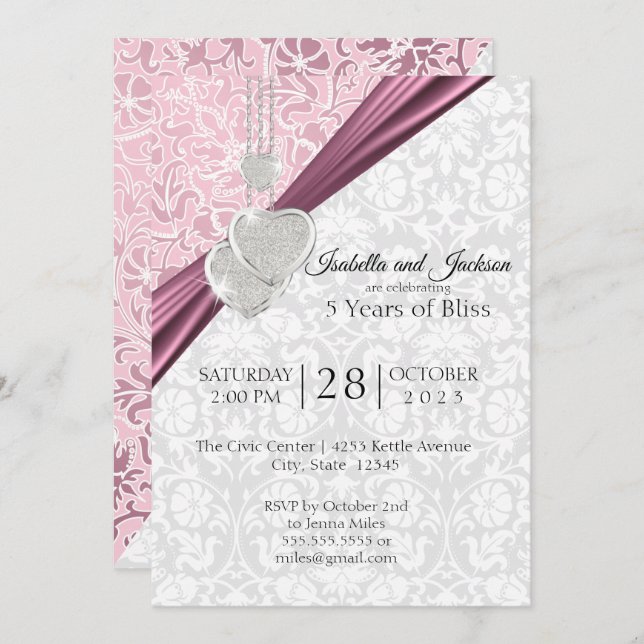 Invitación Diseño de 5to Aniversario de Boda - Rosa (Anverso / Reverso)