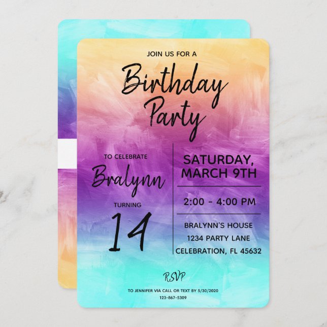 Invitación Diseño de acuarela de fiesta de cumpleaños de Twee (Anverso / Reverso)
