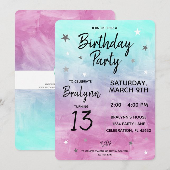 Invitación Diseño de acuarela de fiesta de cumpleaños de Twee (Anverso / Reverso)