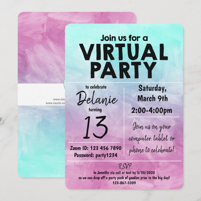 Invitación Diseño de acuarela de fiesta de cumpleaños virtual (Anverso / Reverso)