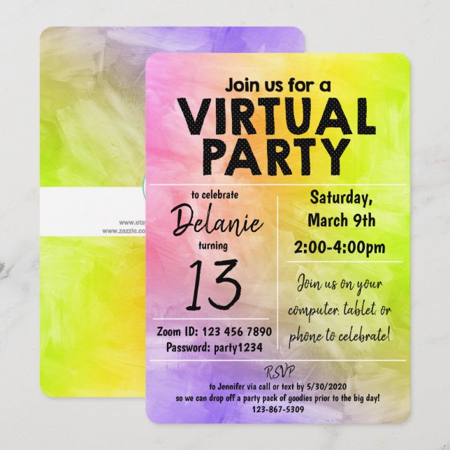 Invitación Diseño de acuarela para fiesta de cumpleaños virtu (Anverso / Reverso)