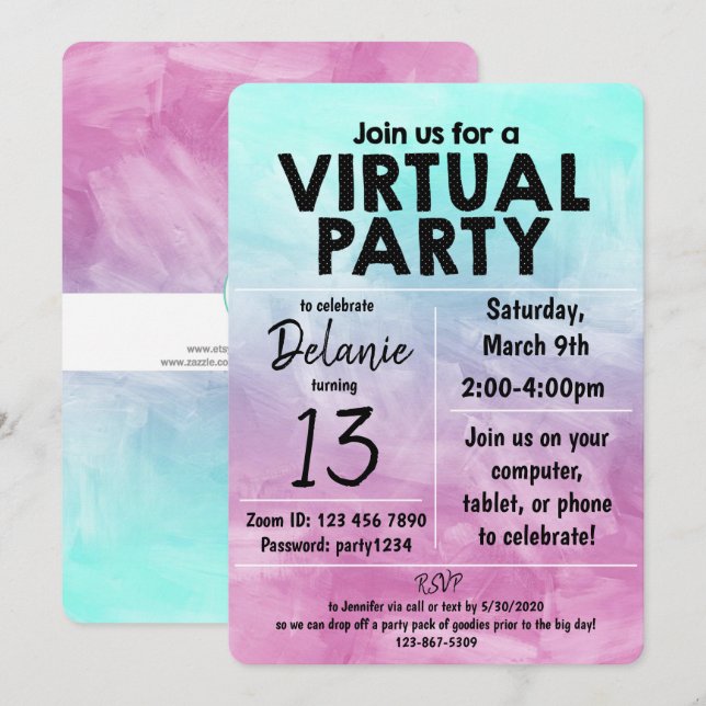 Invitación Diseño de acuarela para fiesta de cumpleaños virtu (Anverso / Reverso)