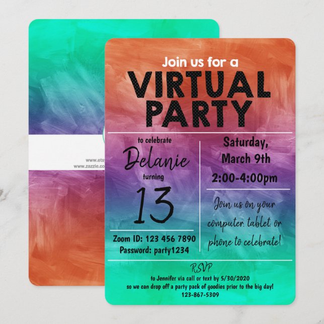 Invitación Diseño de acuarela para fiesta virtual de cumpleañ (Anverso / Reverso)
