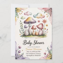 Invitación Diseño de Baby Shower con Hongos Acuarela