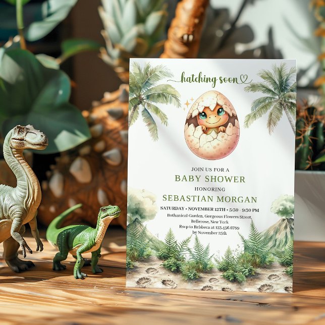 Invitación Diseño de baby shower de dinosaurio bebé que eclos (Modern hatching soon dinosaur baby shower design

)