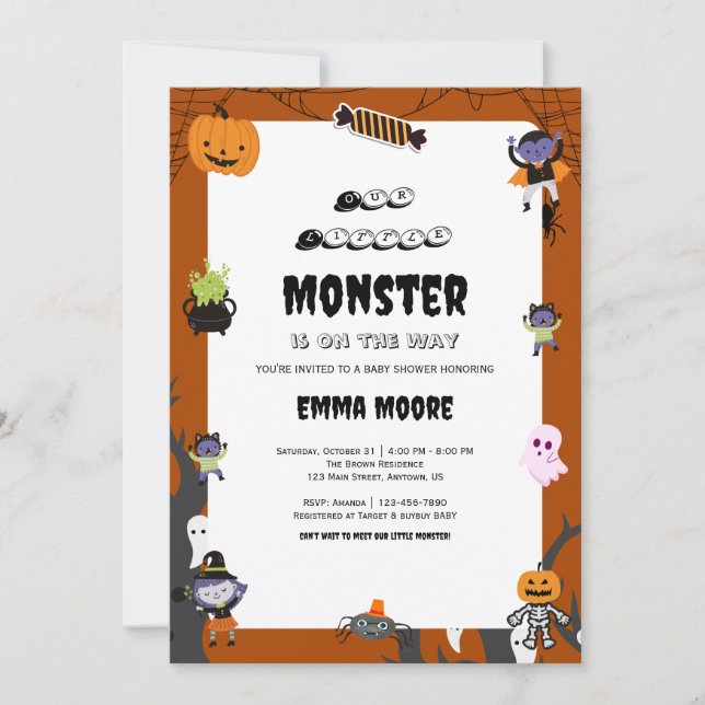 Invitación Diseño de Baby Shower de Monstruo de Halloween Ado (Anverso)