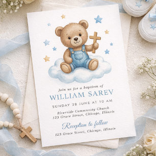 Invitación Diseño de Bautizo de Osito de Peluche Adorable con