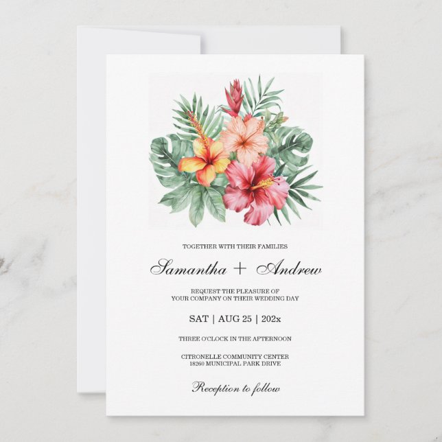 Invitación Diseño de Boda con Flor de Hibisco (Anverso)