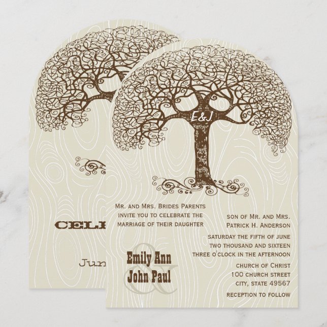 Invitación Diseño de boda con remolino marrón en madera de ár (Anverso / Reverso)