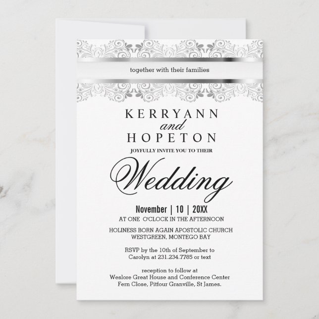 Invitación Diseño de Boda de encaje plateado (Anverso)