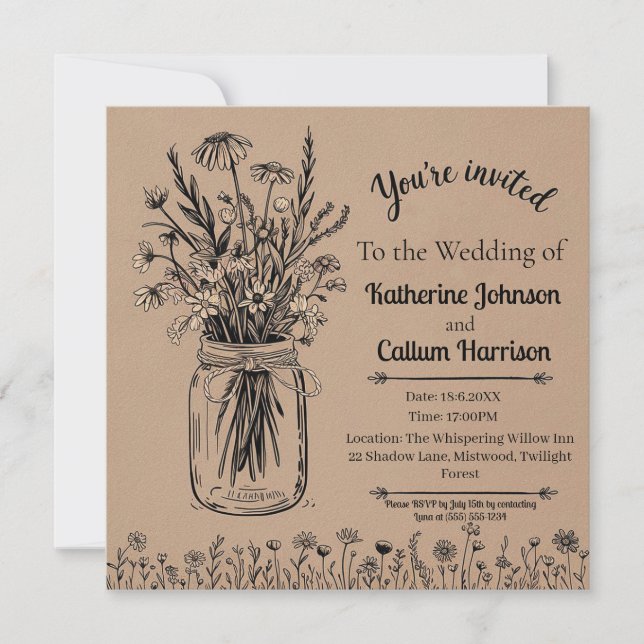 Invitación Diseño de Boda de flores silvestres rusas rurales (Anverso)