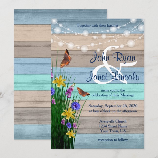 Invitación Diseño de Boda de madera de flores silvestres (Anverso / Reverso)