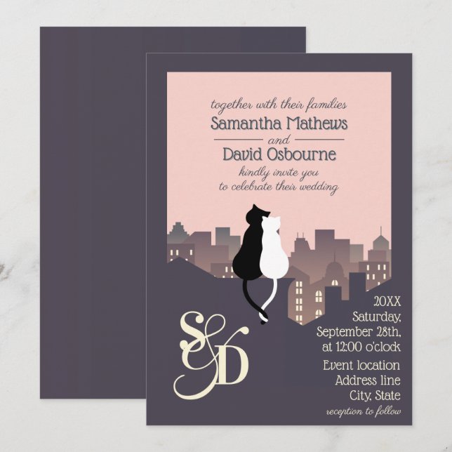 Invitación Diseño de boda de monograma con temática gata (Anverso / Reverso)