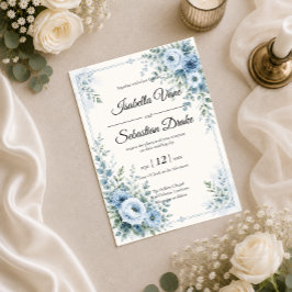 Invitación Diseño de Boda Floral Azul Elegante