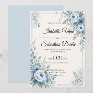 Invitación Diseño de Boda Floral Azul Elegante