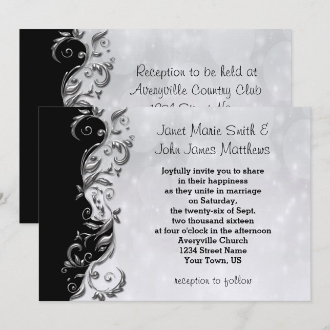 Invitación Diseño de Boda floral negro y plateado (Anverso / Reverso)