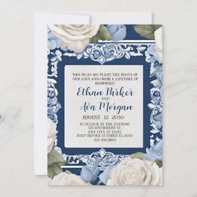 Invitación Diseño de Boda rosa azul y blanco (Anverso)