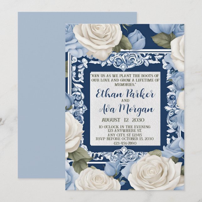 Invitación Diseño de Boda rosa azul y blanco (Anverso / Reverso)