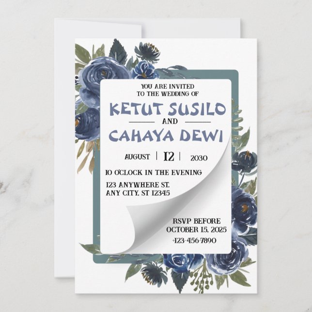 Invitación Diseño de Boda rosa azul y blanco (Anverso)