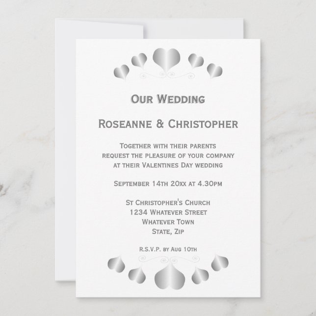 Invitación Diseño de Bodas Corazones de Plata (Anverso)