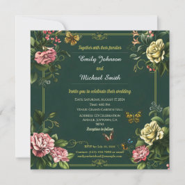 Invitación diseño de bodas florales y mariposas de color verd