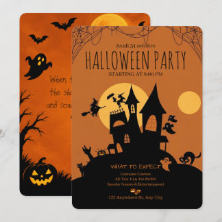 Invitación Diseño de calabaza de bruja de casa embrujada vint