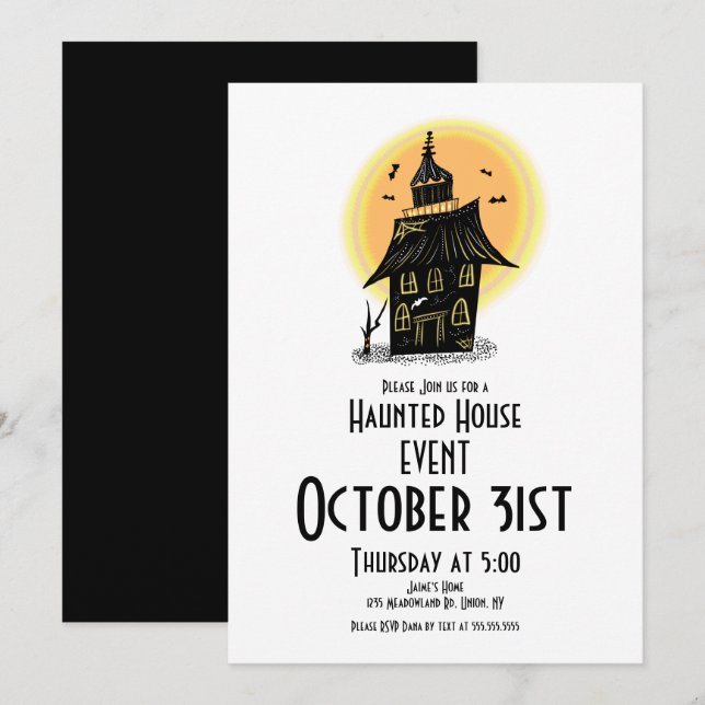 Invitación Diseño de Casa Embrujada de Halloween Dibujado a M (Anverso / Reverso)