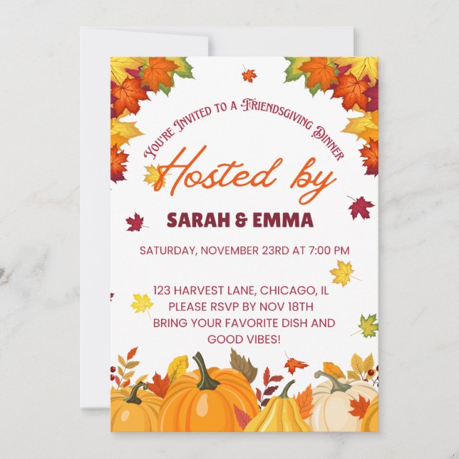 Invitación Diseño de cena de Friendsgiving de otoño (Anverso)