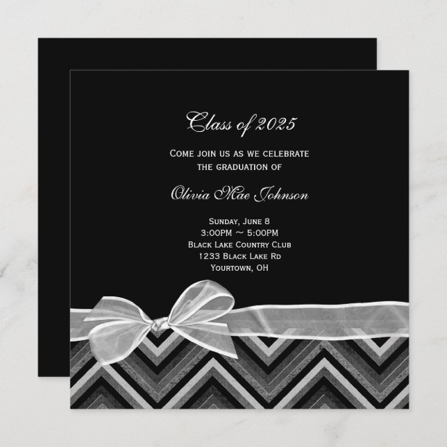 Invitación diseño de chevron Graduación plata y negro (Anverso / Reverso)