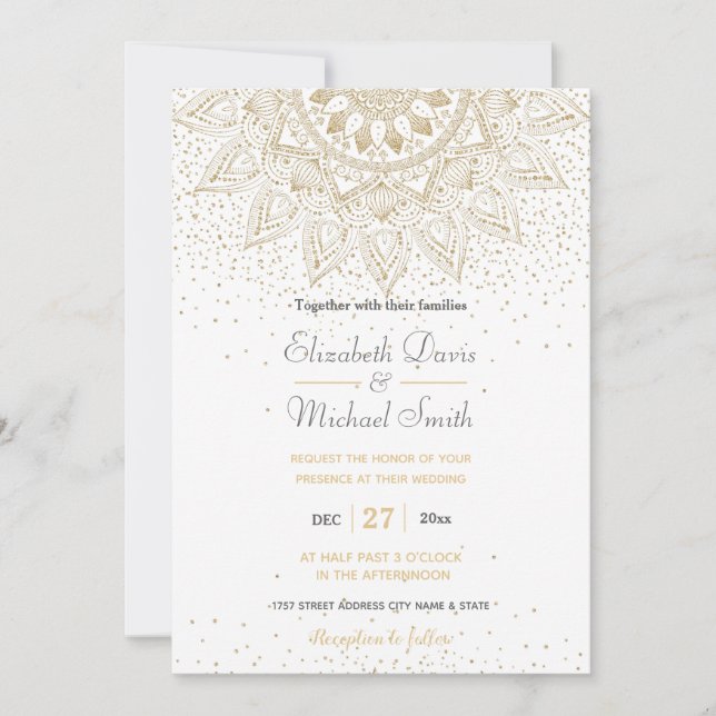 Invitación Diseño de confeti de mandala dorado elegante (Anverso)