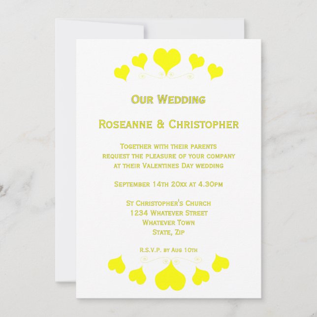 Invitación Diseño de Corazones Amarillos para Boda (Anverso)