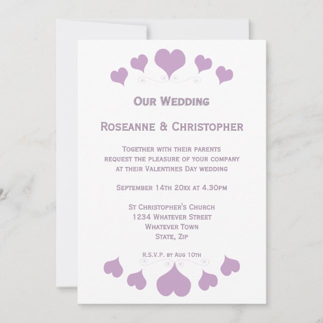 Invitación Diseño de Corazones de Lila para Boda (Anverso)