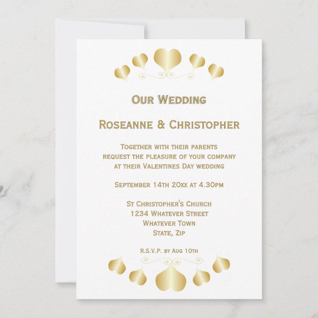 Invitación Diseño de Corazones de Oro para Boda (Anverso)