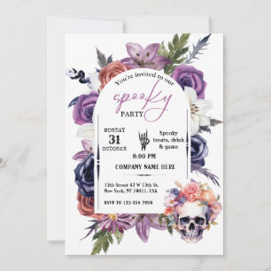 Invitación Diseño de cráneo y floral Halloween para pequeñas 