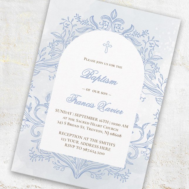 Invitación diseño de cresta de acuarela azul de bautizo (Subido por el creador)
