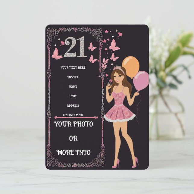 Invitación Diseño de cumpleaños con opciones de foto personal (Anverso de pie)