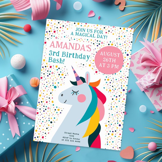 Invitación Diseño de cumpleaños editable de Rainbow Unicorn (Subido por el creador)