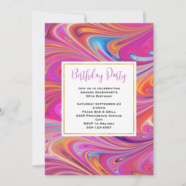 Invitación Diseño de cumpleaños giratorio rosa y naranja aluc (Anverso)