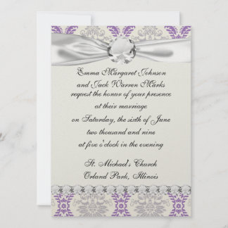 Invitación diseño de damasco de color gris púrpura y crema
